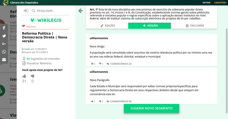 Imagem informativa da página de exclusão de sugestão da wikilegis dentro do portal e-democracia da Câmara Municipal de Nova Friburgo.