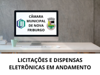 Banner com a foto de um computador com o brasão do municipio de Nova Friburgo e a logomarca cda Câmara de Vereadores de Nova Friburgo escrito no rodapé Licitações e Dispensas Eletrônicas em andamento